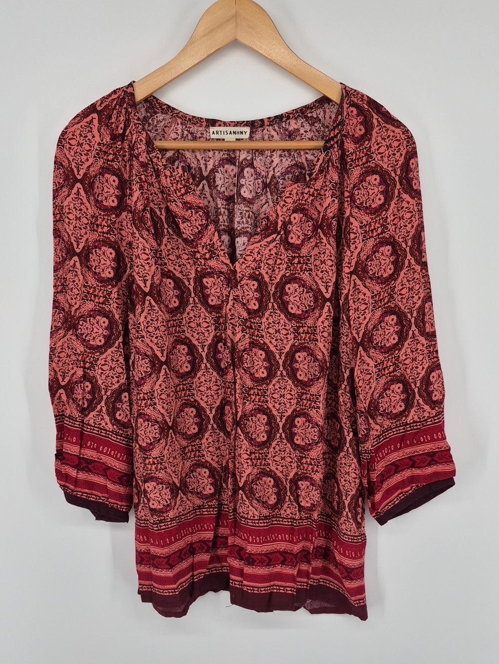 Artisan NY Peasant Boho Top V Neck Lightweight Blouse Women's Large Rayon Woven
